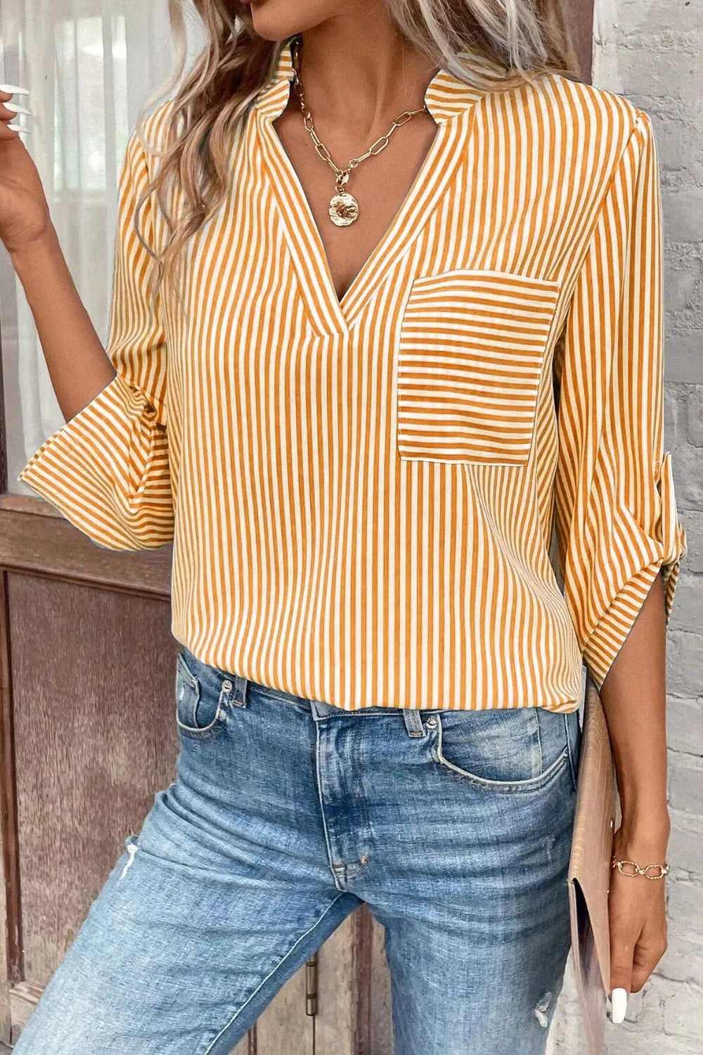 Striped Notched Roll-tab Sleeve Shirt (5)
