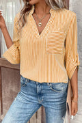 Striped Notched Roll-tab Sleeve Shirt (5)