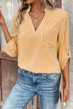 Striped Notched Roll-tab Sleeve Shirt (5)