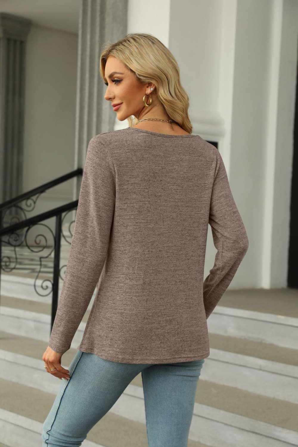 Square Neck Long Sleeve Slit T-shirt (12)