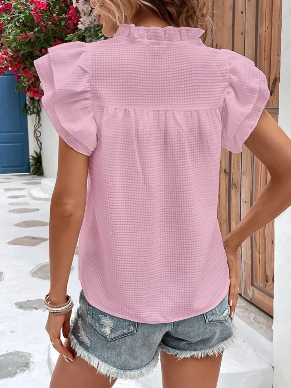 Ruffled Notched Cap Sleeve Blouse (9)