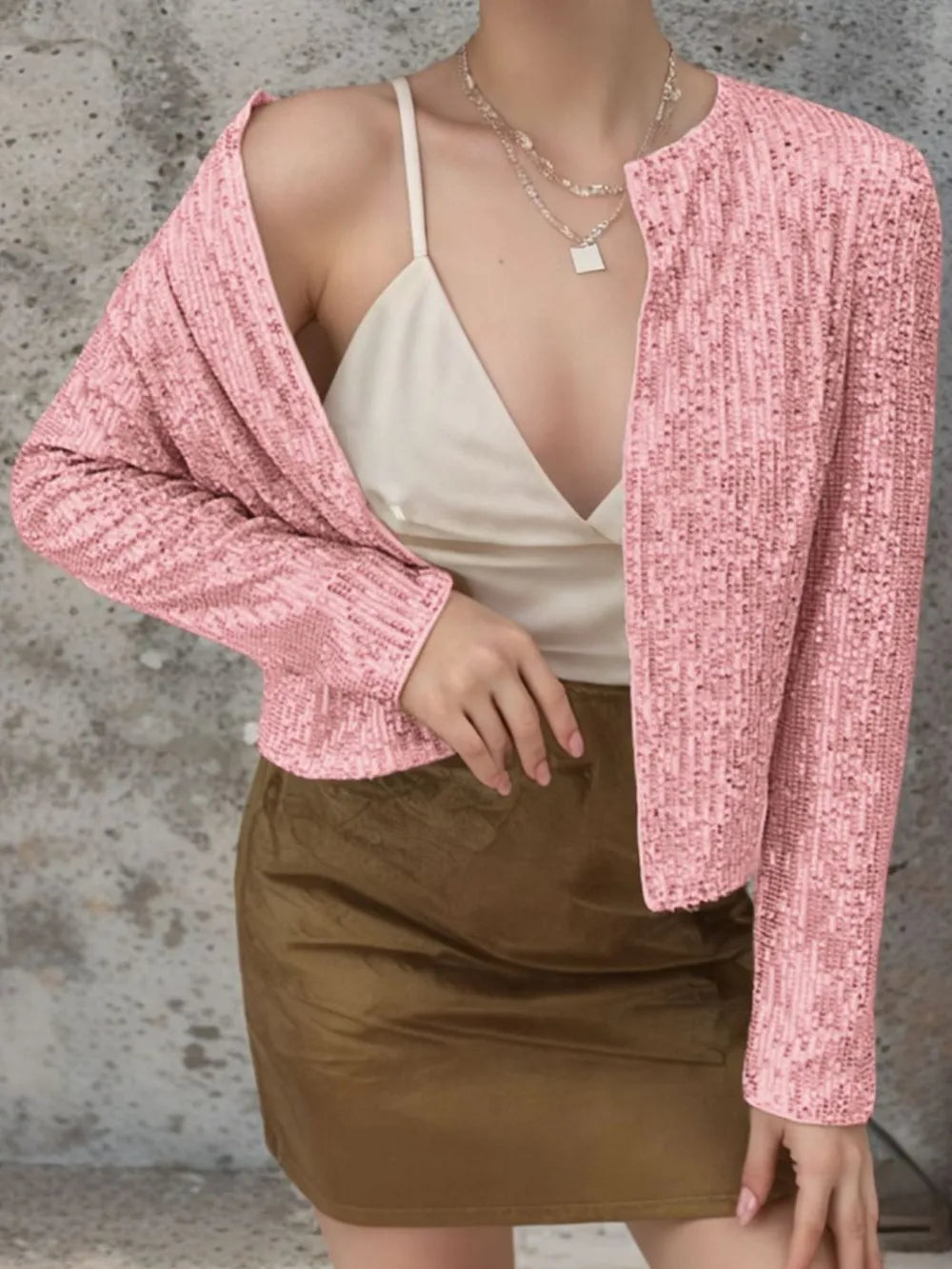 Full Size Sequin Open Front Cropped Jacket (25)