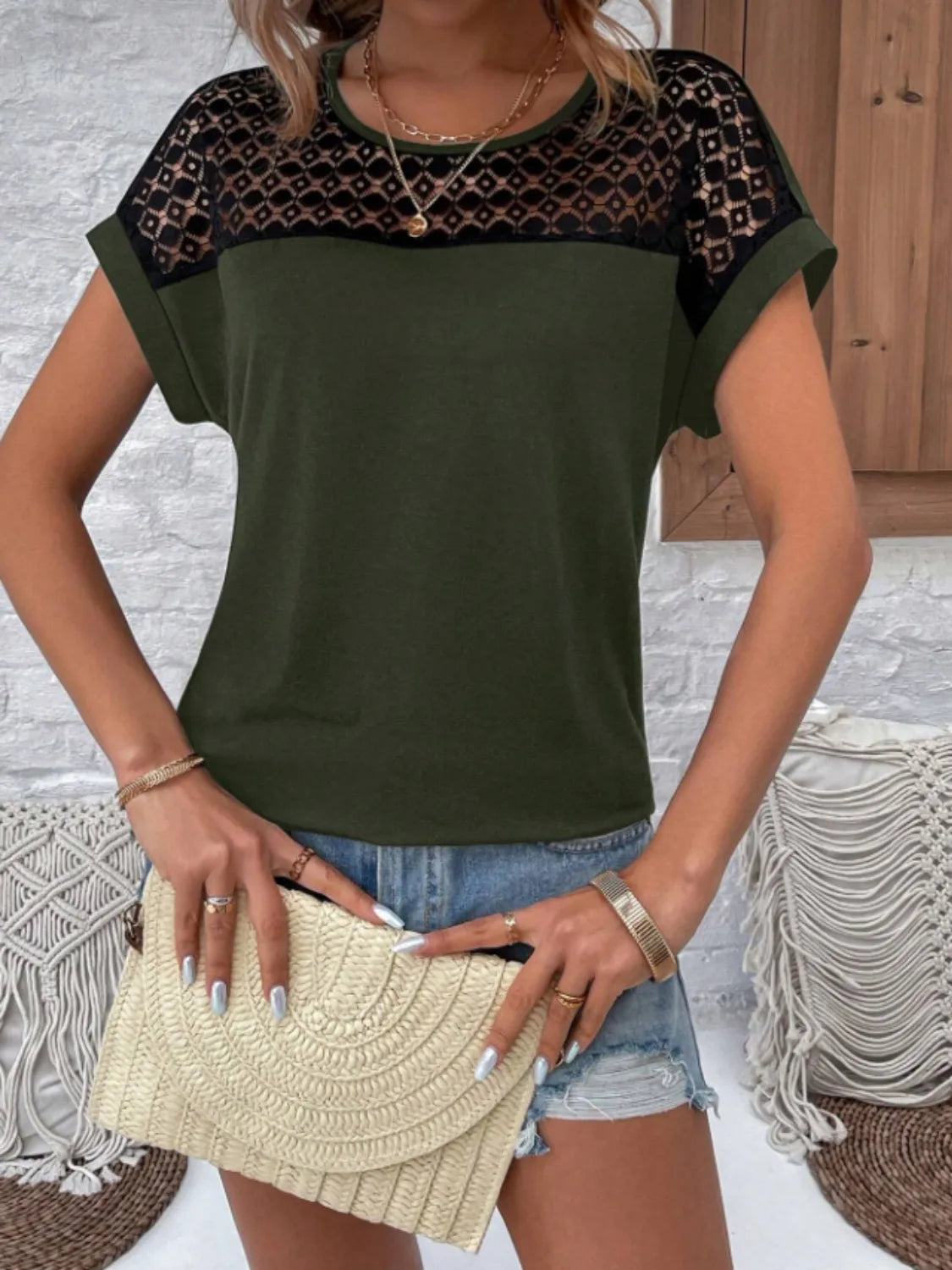 Lace Round Neck Short Sleeve T-shirt (4)