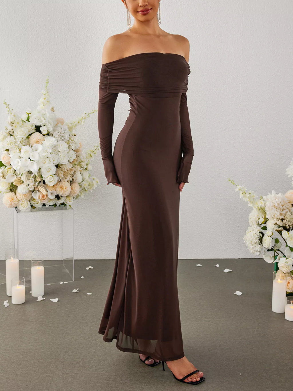 Off-shoulder Ruched Long Sleeve Maxi Dress (23)