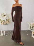 Off-shoulder Ruched Long Sleeve Maxi Dress (23)