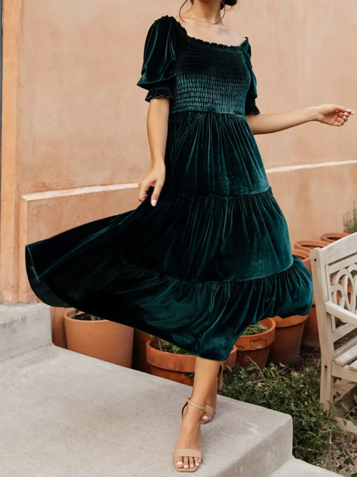 Velvet Smocked Tiered Midi Dress (10)
