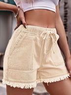 Drawstring Raw Hem Denim Shorts (26)