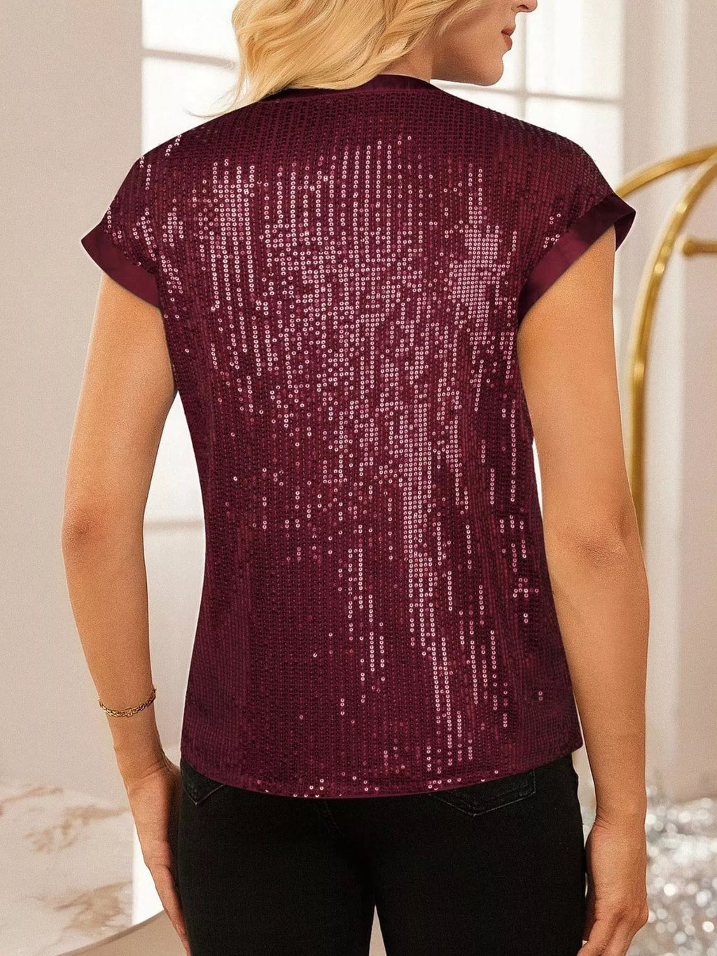 Sequin Notched Cap Sleeve Blouse (21)