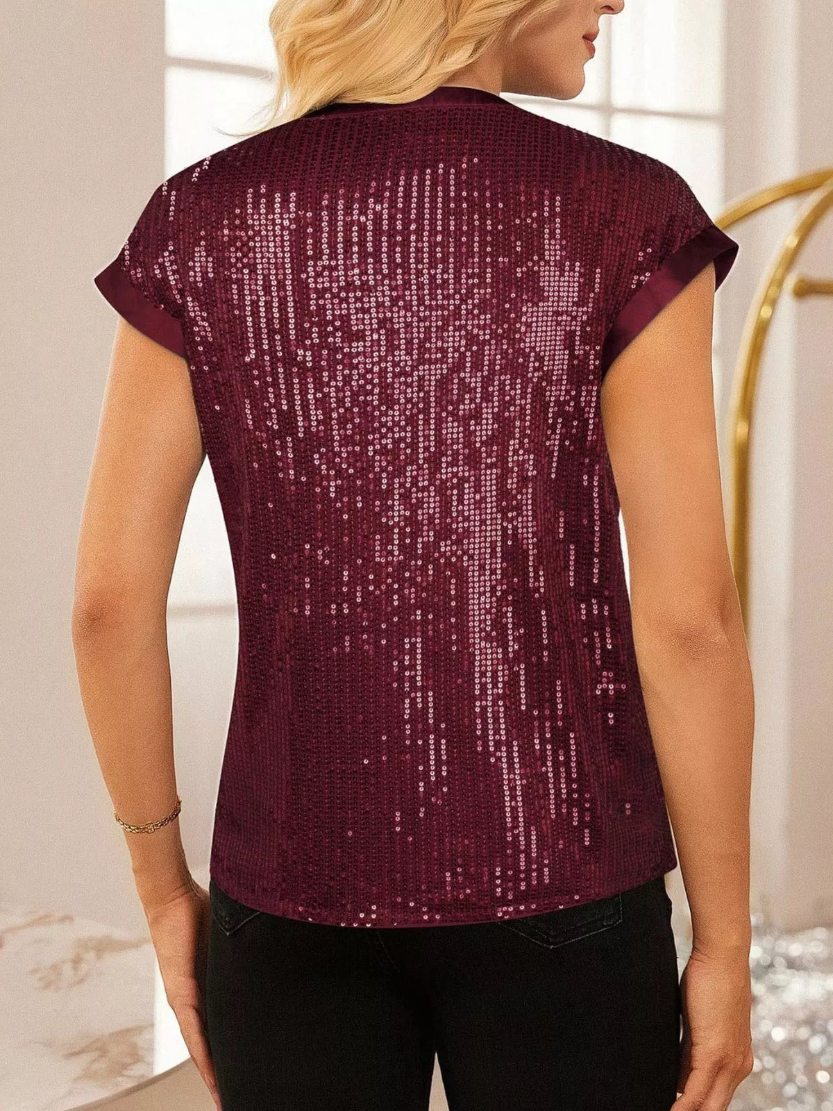 Sequin Notched Cap Sleeve Blouse (21)