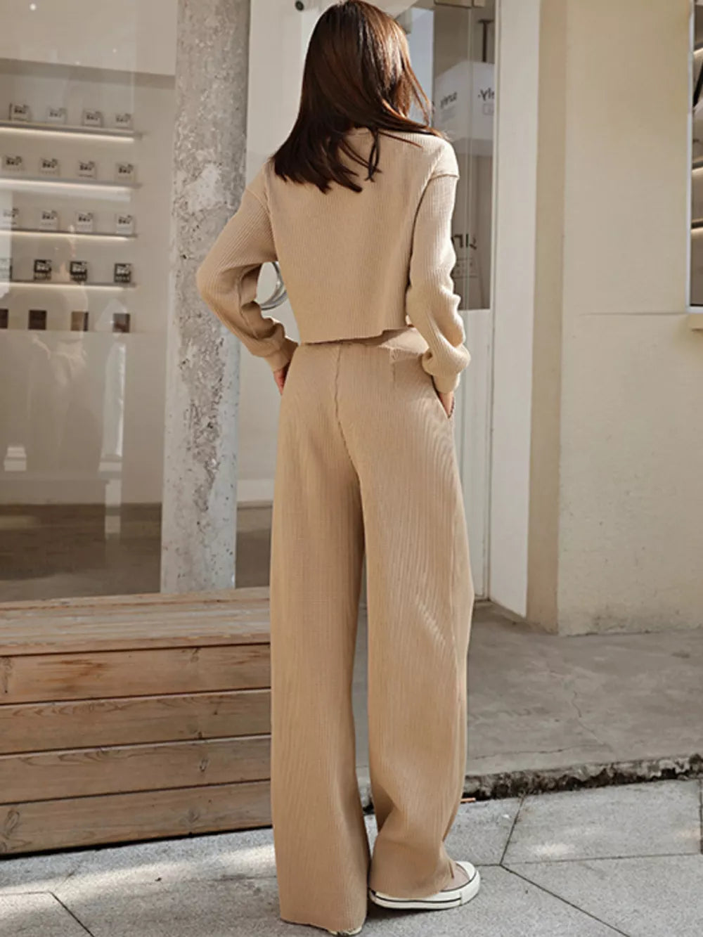 Waffle-knit Round Neck Top Pants Set (10)