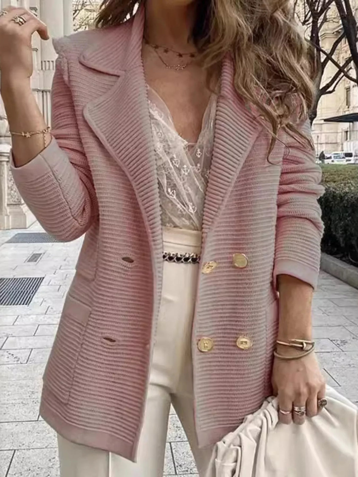 Texture Knit Double-breasted Blazer (4)