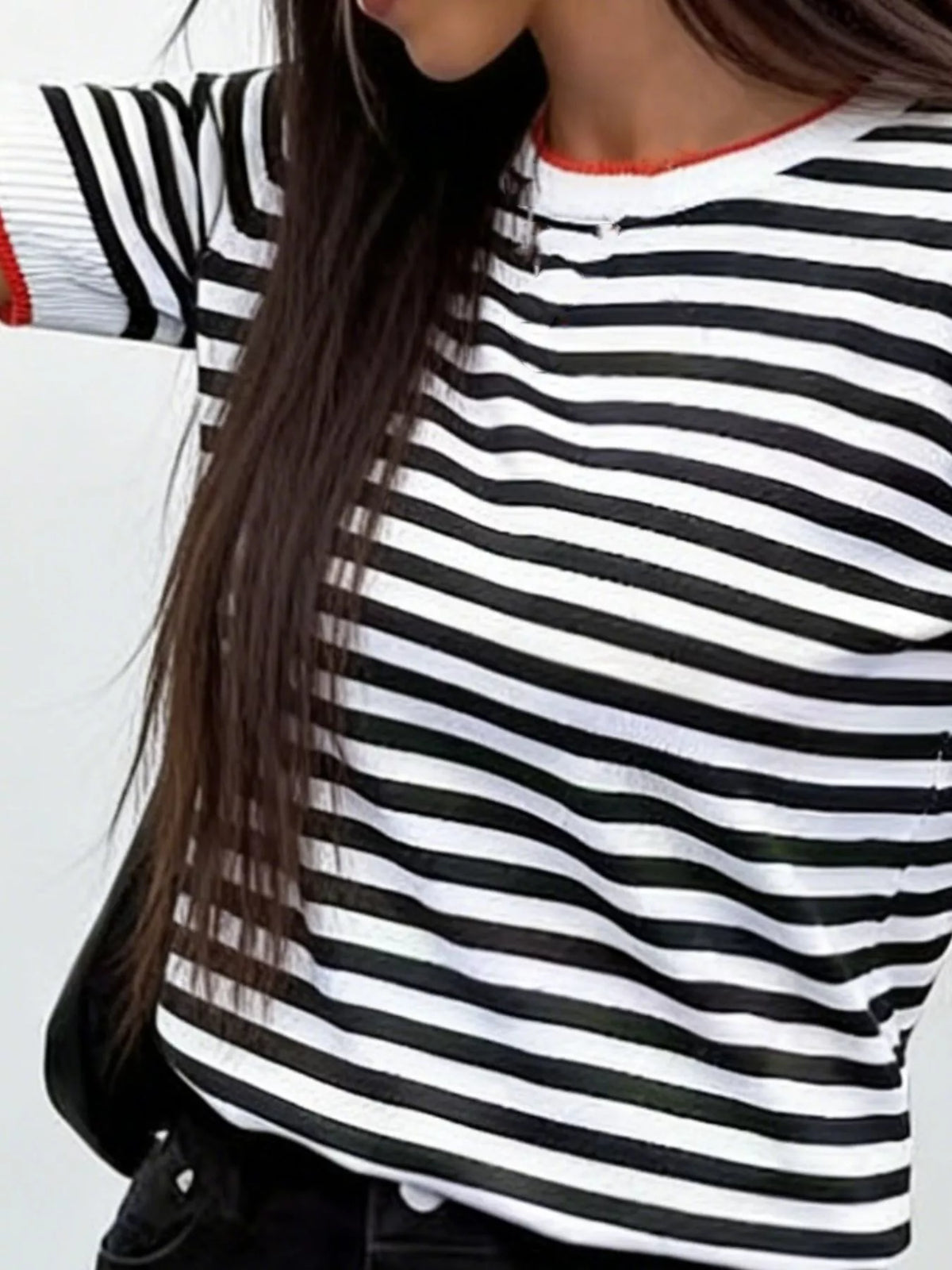 Contrast Trim Striped Short Sleeve Knit Top (5)