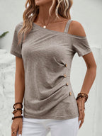 Emery Rose Asymmetrical Collar Button Detail T-shirt (6)