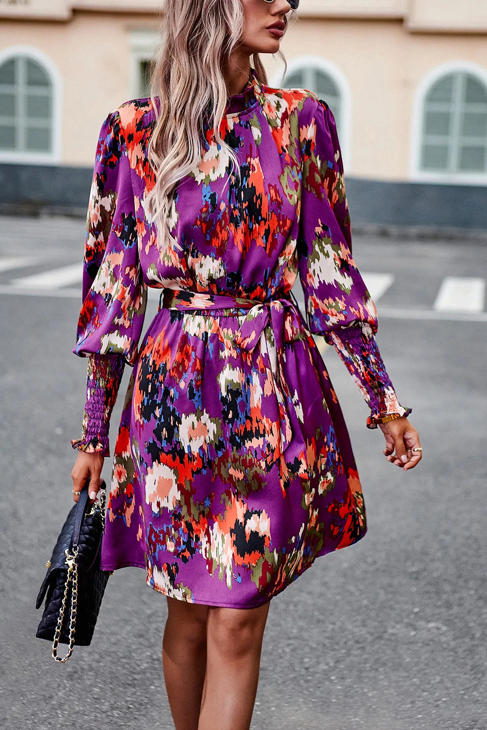 Printed Tie Waist Mock Neck Lantern Sleeve Dress (14)