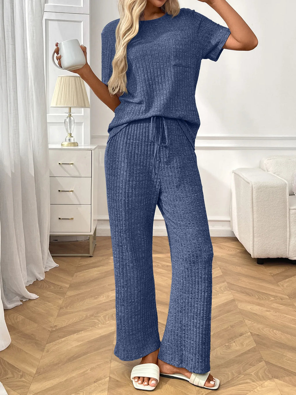 Ribbed Knit Short Sleeve Top Pants Lounge Set (15)