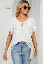 Eyelet Tie Neck Flutter Sleeve Blouse (6)