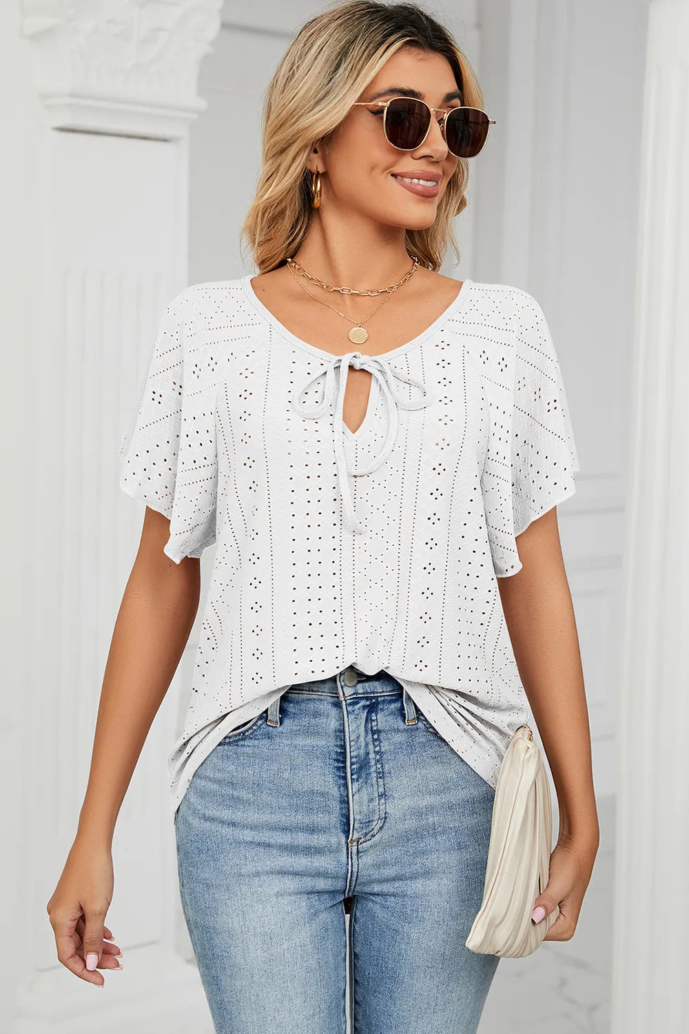 Eyelet Tie Neck Flutter Sleeve Blouse (6)