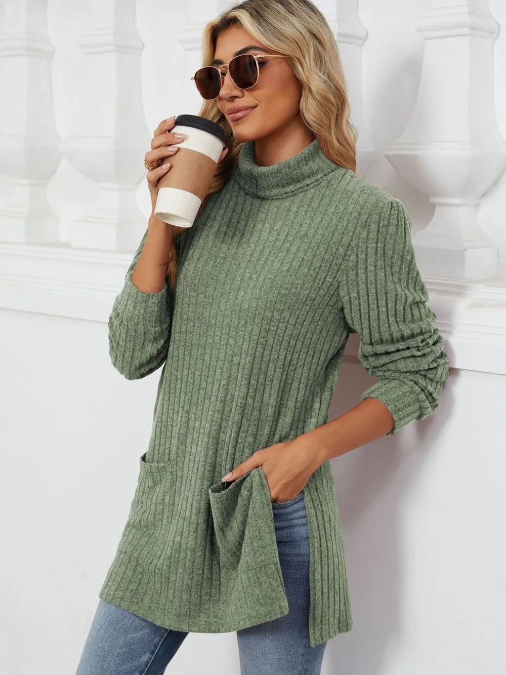 Slit Mock Neck Long Sleeve T-shirt (8)