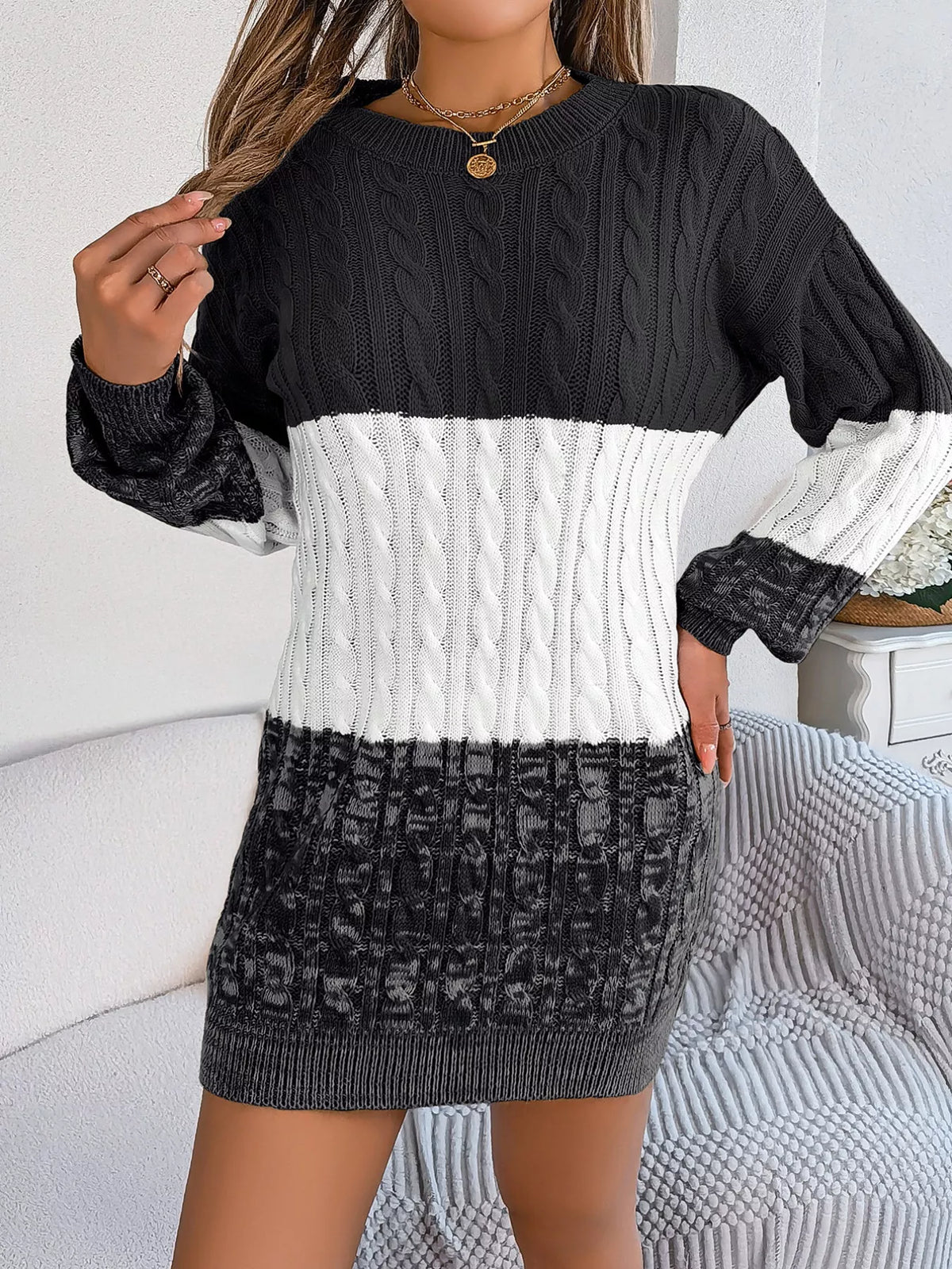 Block Cable Knit Sweater Dress Textured Pattern (18)