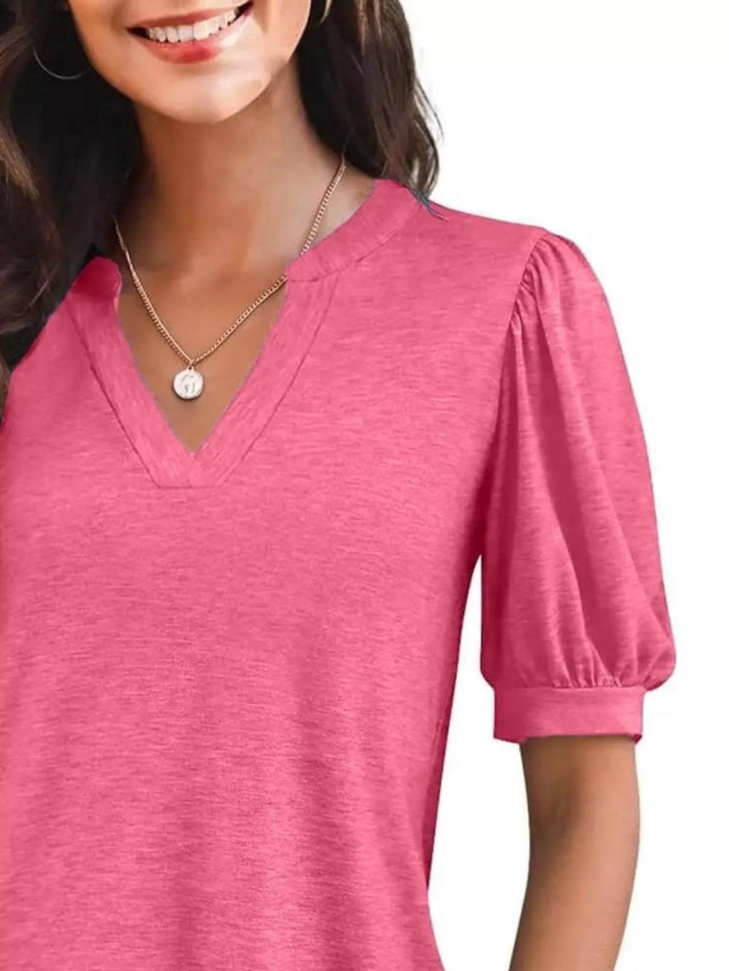 Puff Sleeve Notched Casual T-shirt (14)