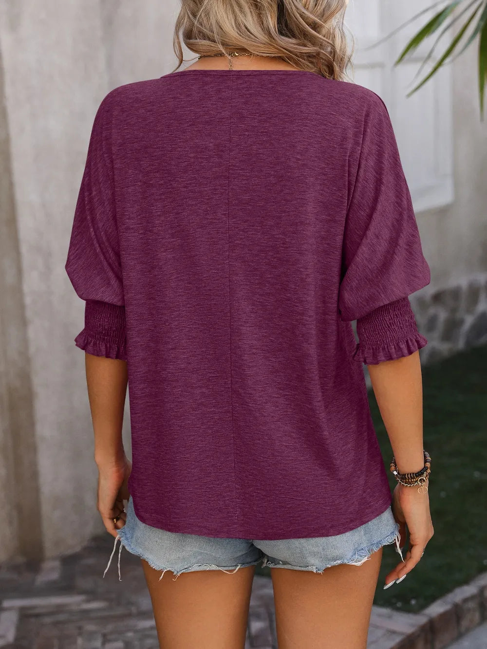 Heathered Notched Lantern Sleeve Blouse (20)
