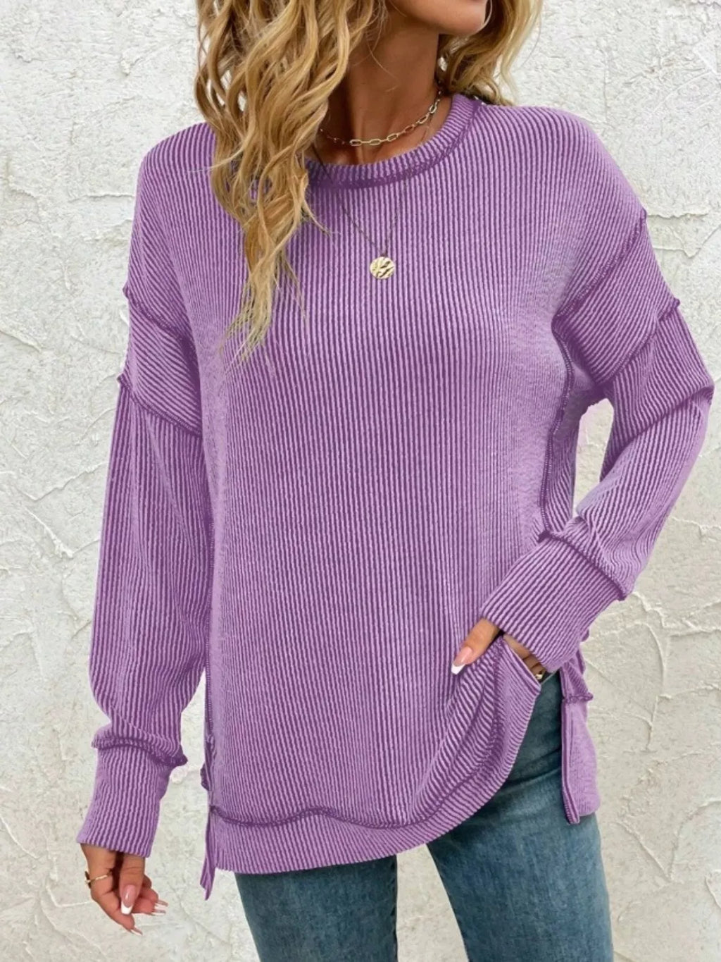 Side Slit Round Neck Sweatshirt (23)