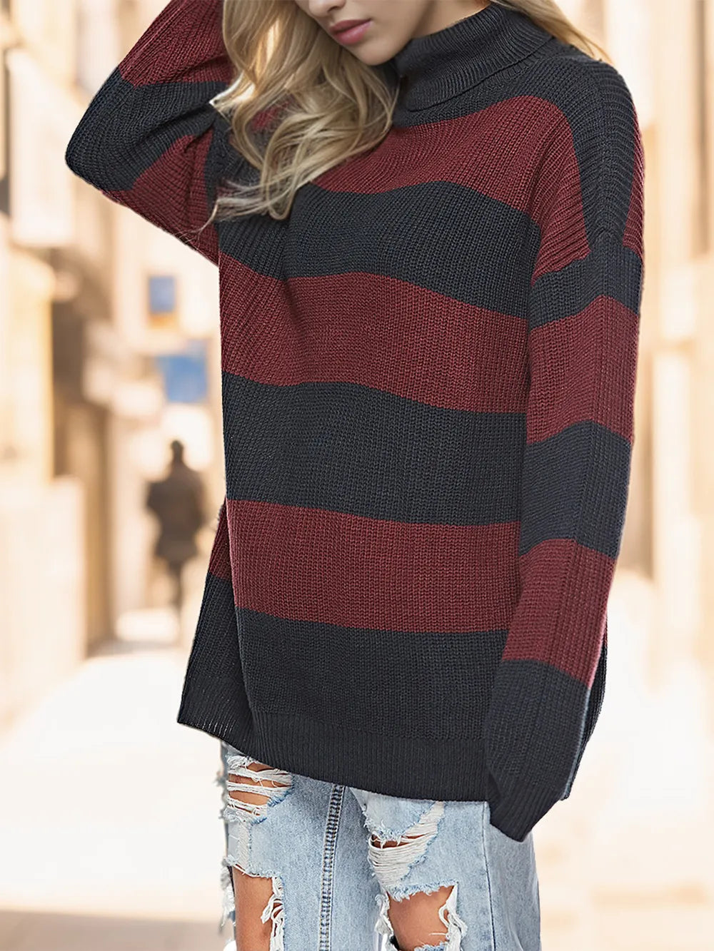 Striped Turtleneck Long Sleeve Sweater (3)
