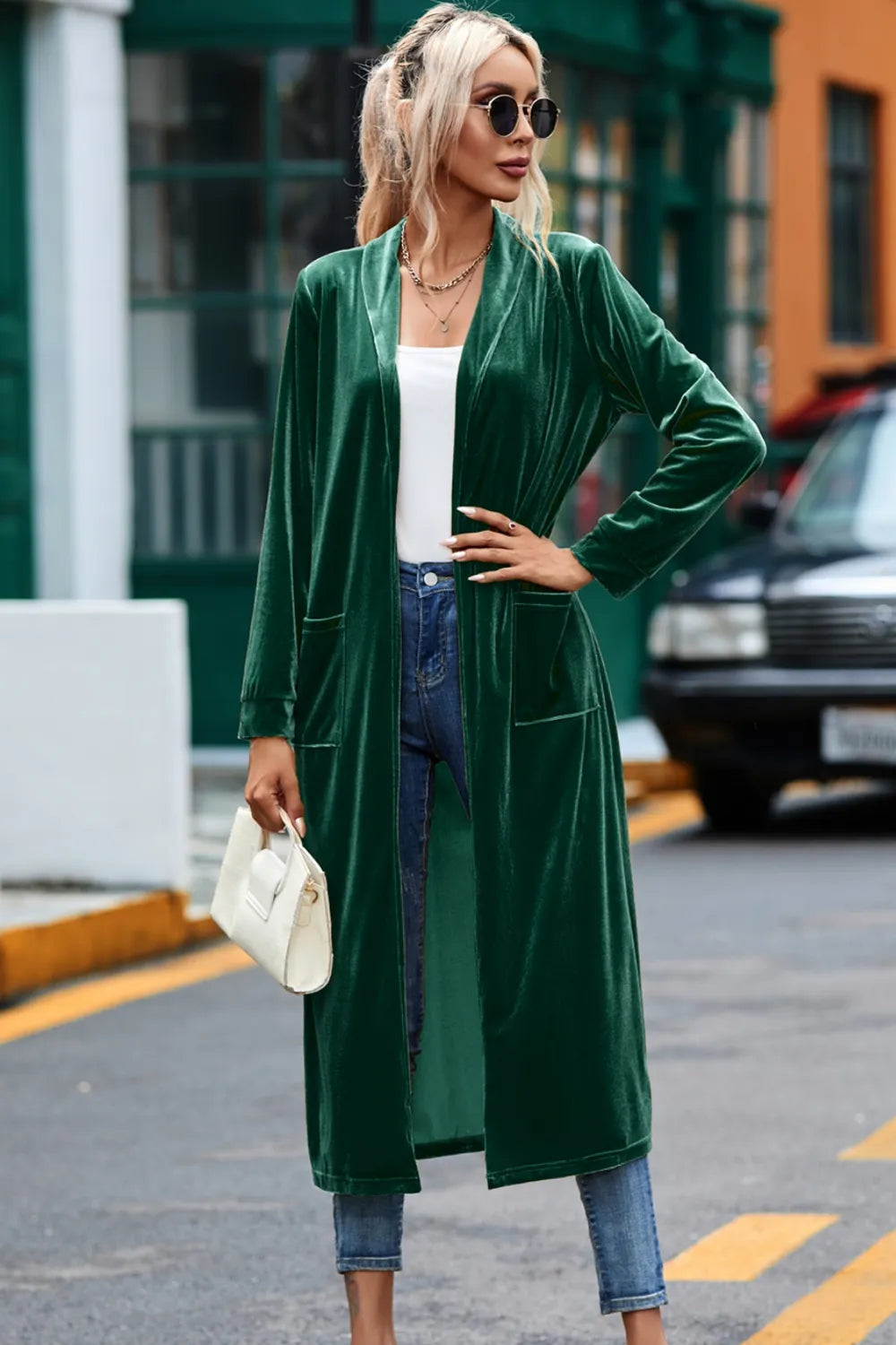 Velvet Open Front Long Cardigan Pockets (7)