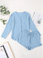 Notched Long Sleeve Top Shorts Set (9)