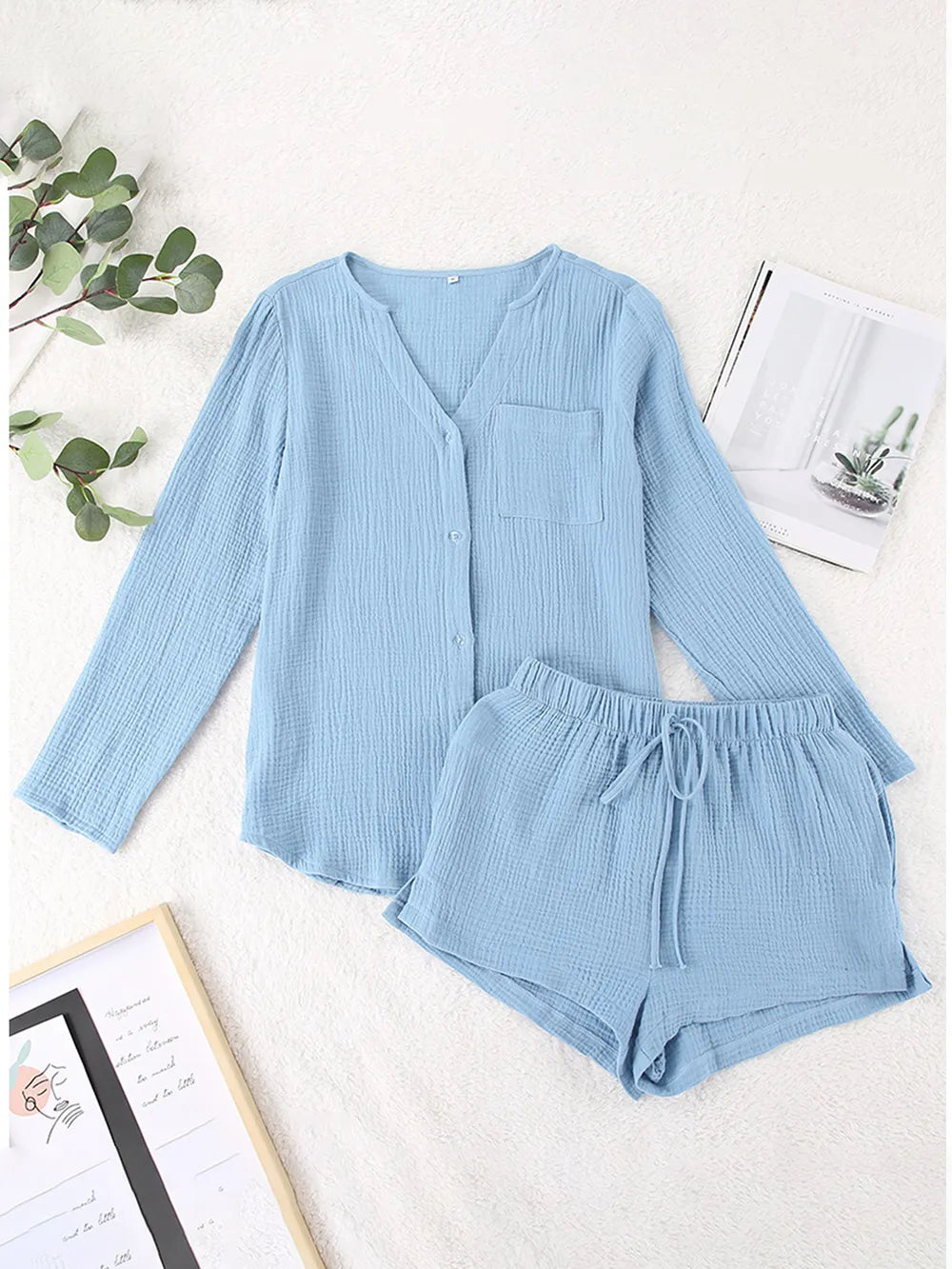Notched Long Sleeve Top Shorts Set (9)