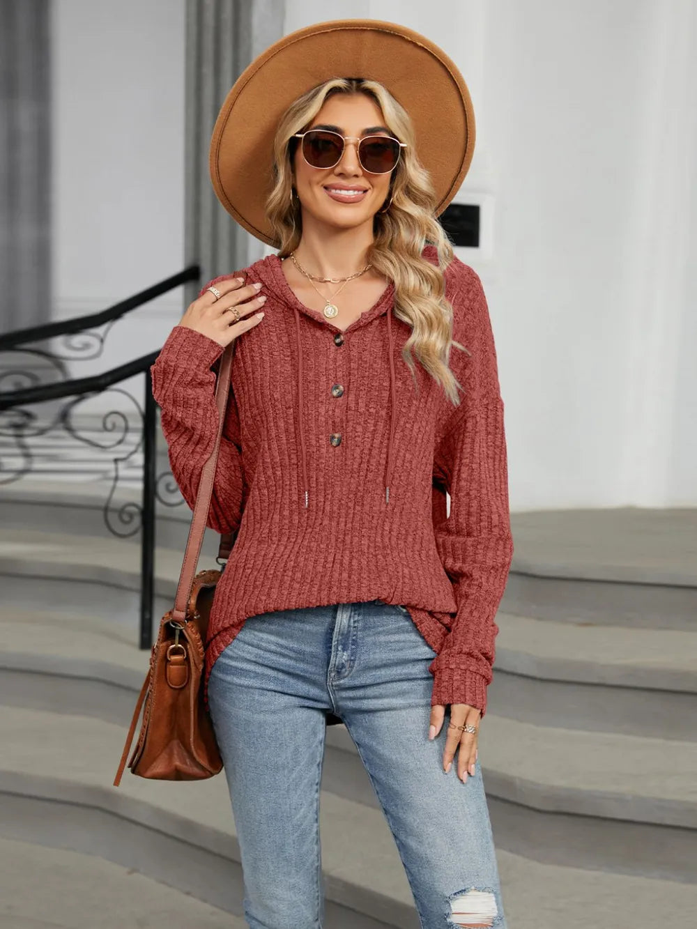 Half Button Long Sleeve Hooded Top (11)