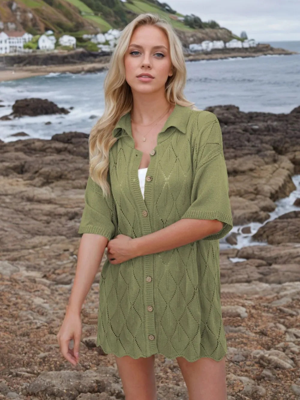 Button Down Eyelet Collared Neck Knit Shirt (13)