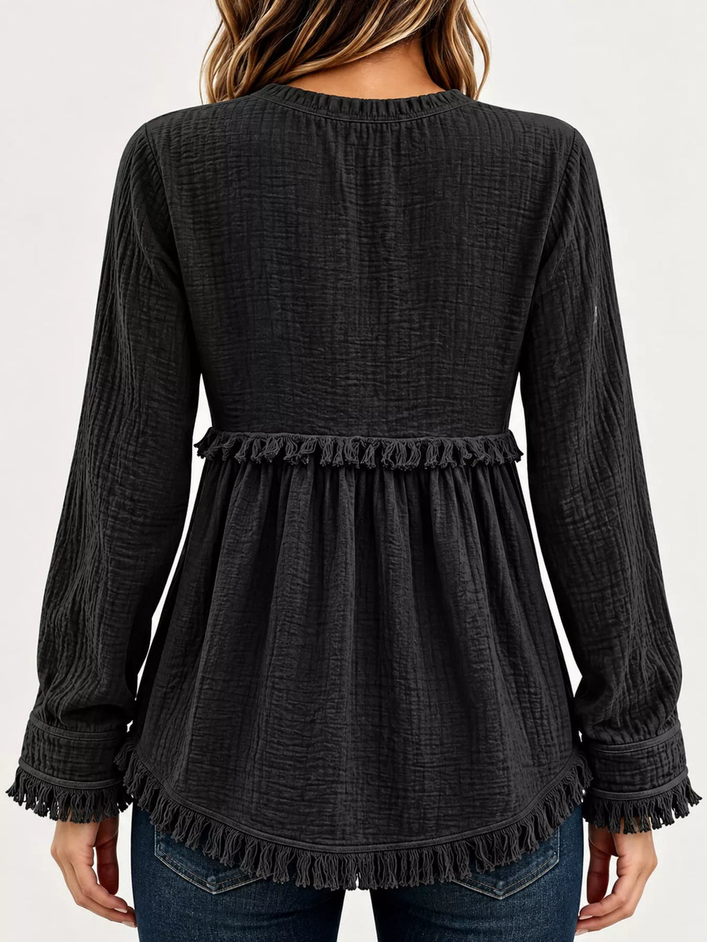 Full Size Frayed Hem Button Detail Blouse Plus (8)