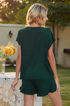 Round Neck Short Sleeve T-shirt Drawstring Shorts Lounge Set (2)