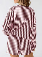 Casual Striped Long Sleeve Top Shorts Set (9)