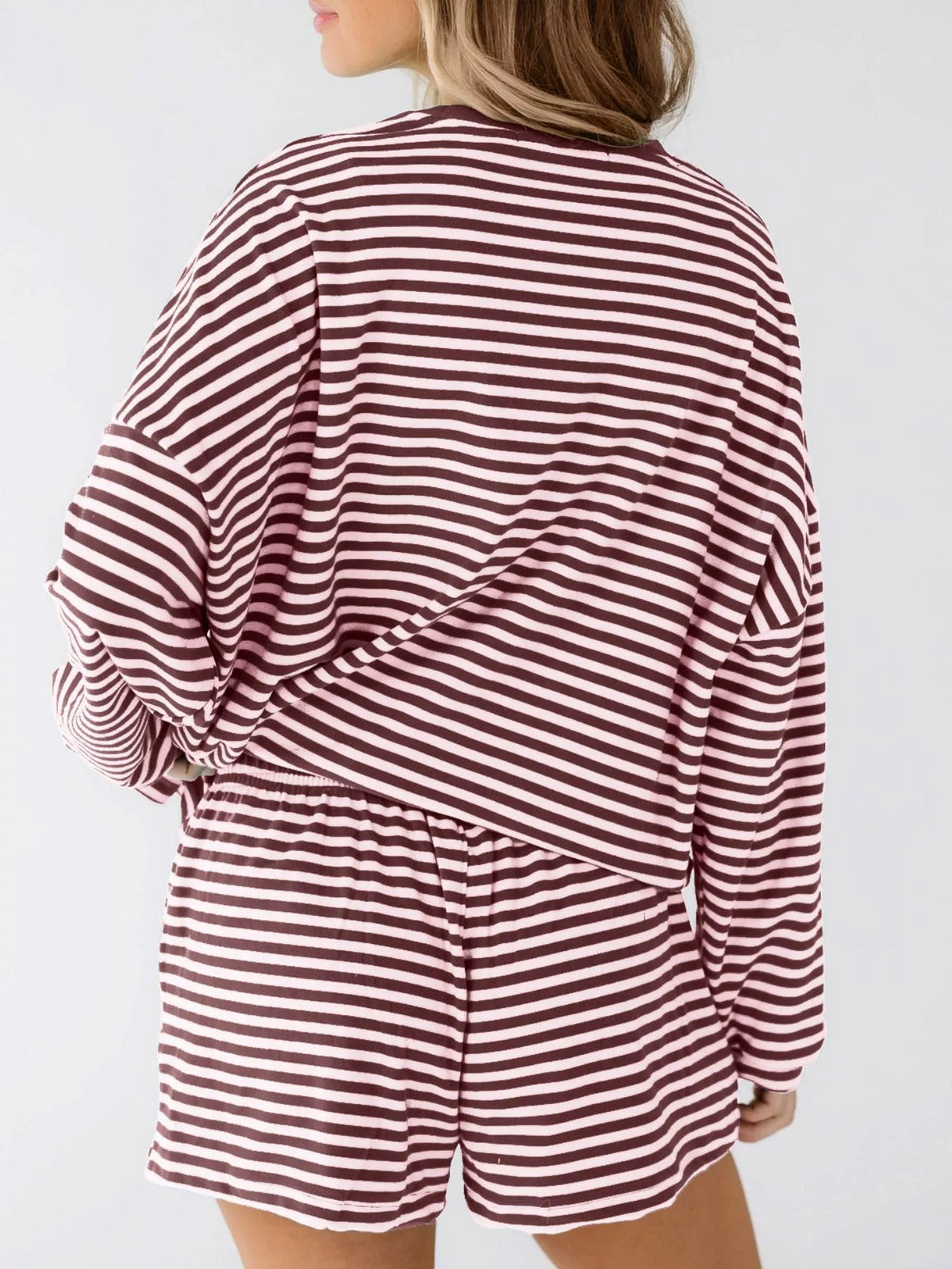 Casual Striped Long Sleeve Top Shorts Set (9)