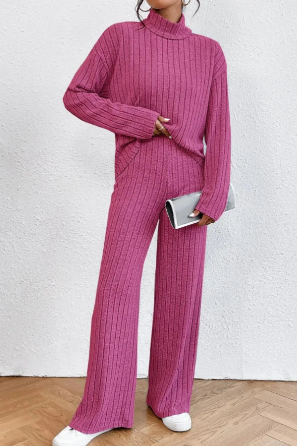 Mock Neck Dropped Shoulder Top Pants Set (9)