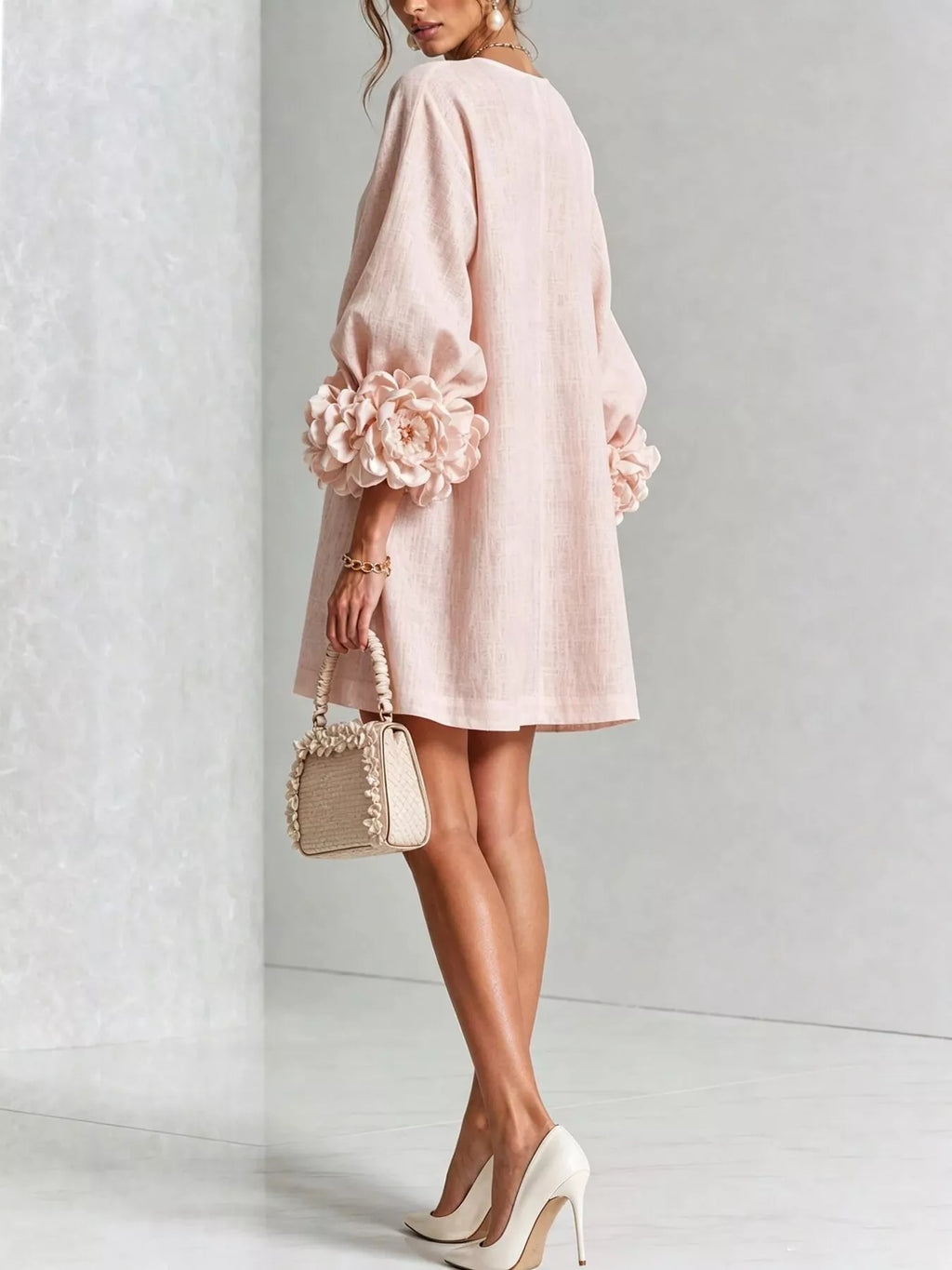 3d Floral 3/4 Sleeve Mini Dress (2)