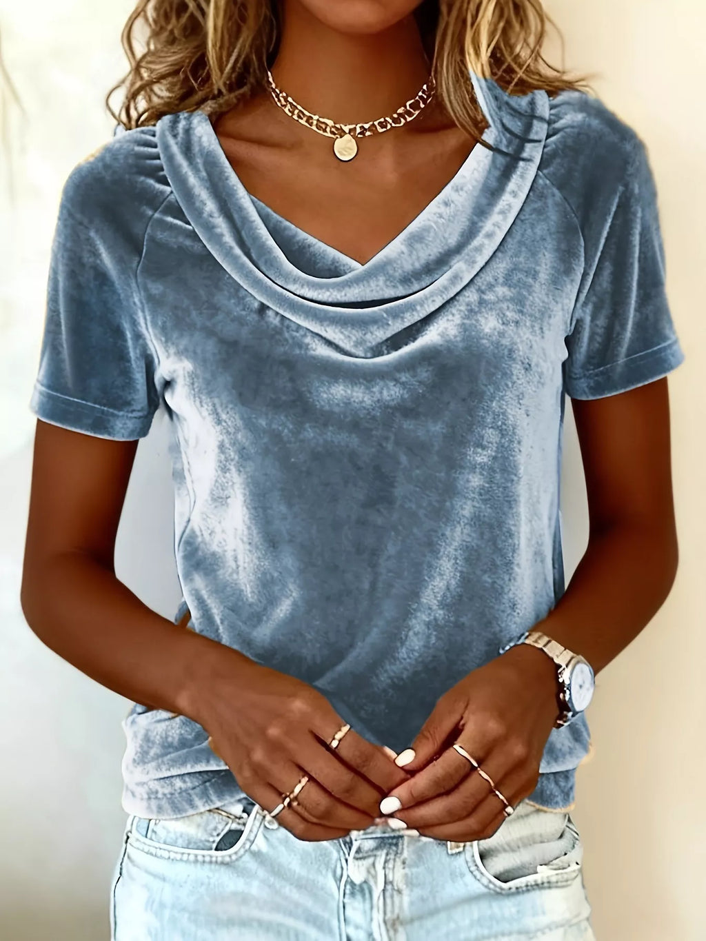 Velvet Cowl Neck Short Sleeve Top (2)