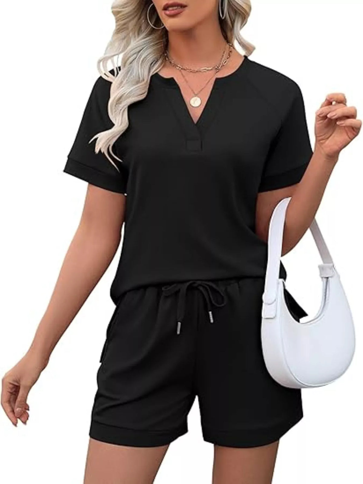 Solid Color Short Sleeve Top Shorts Two-piece Set (9)