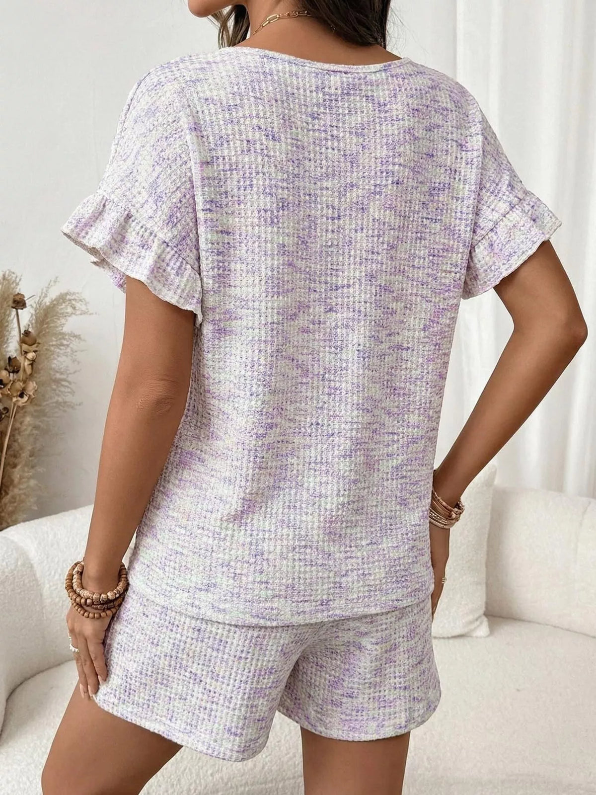 Ruffle Sleeve Textured Top Shorts Set (28)