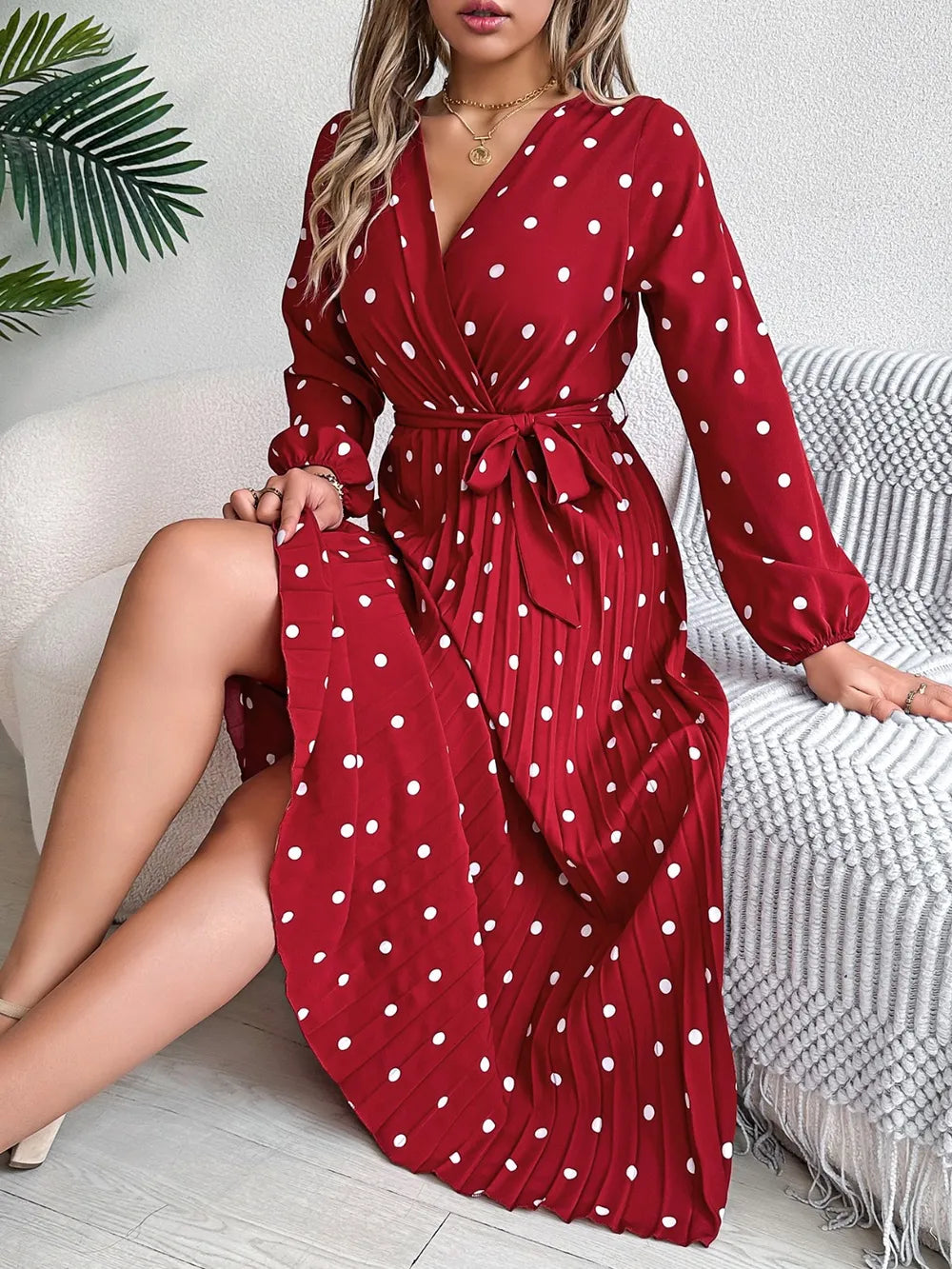Tied Polka Dot Long Sleeve Midi Dress (24)