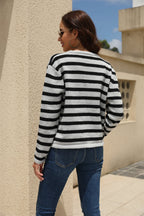 Striped Round Neck Button-down Dropped Shoulder Cardigan (9)