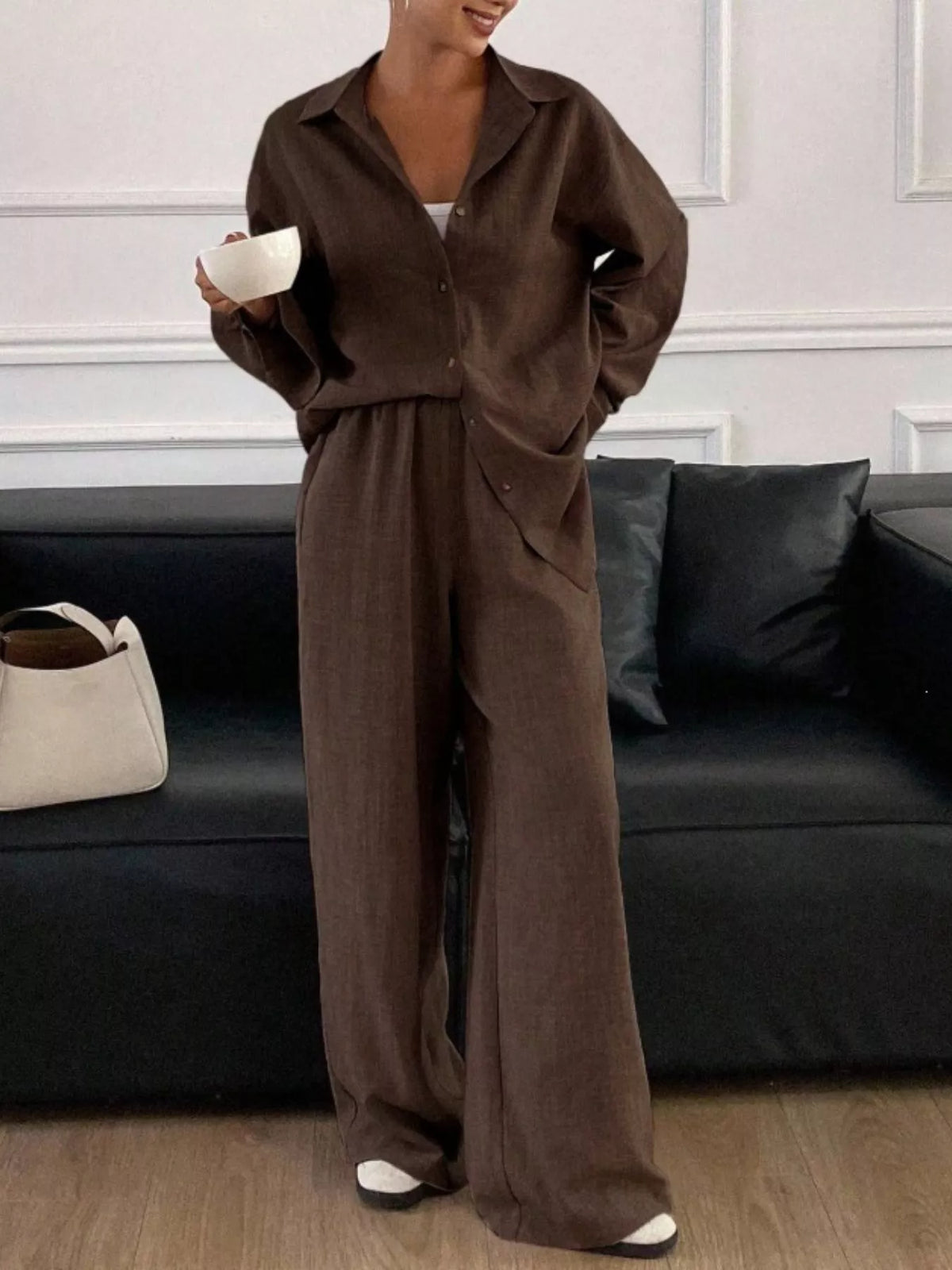 Button-down Shirt Wide-leg Pants Set (16)
