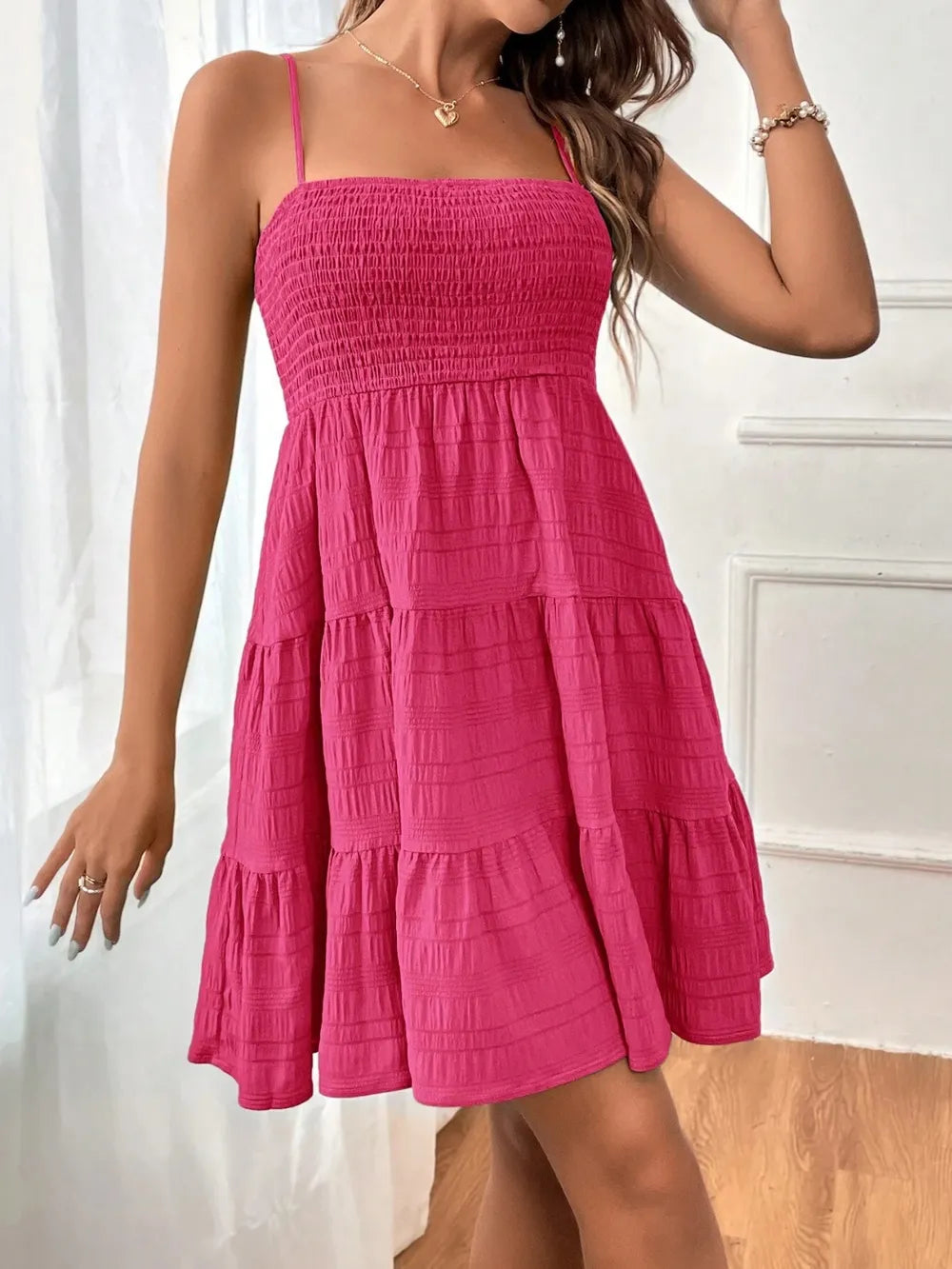 Smocked Tiered Sleeveless Mini Dress (18)
