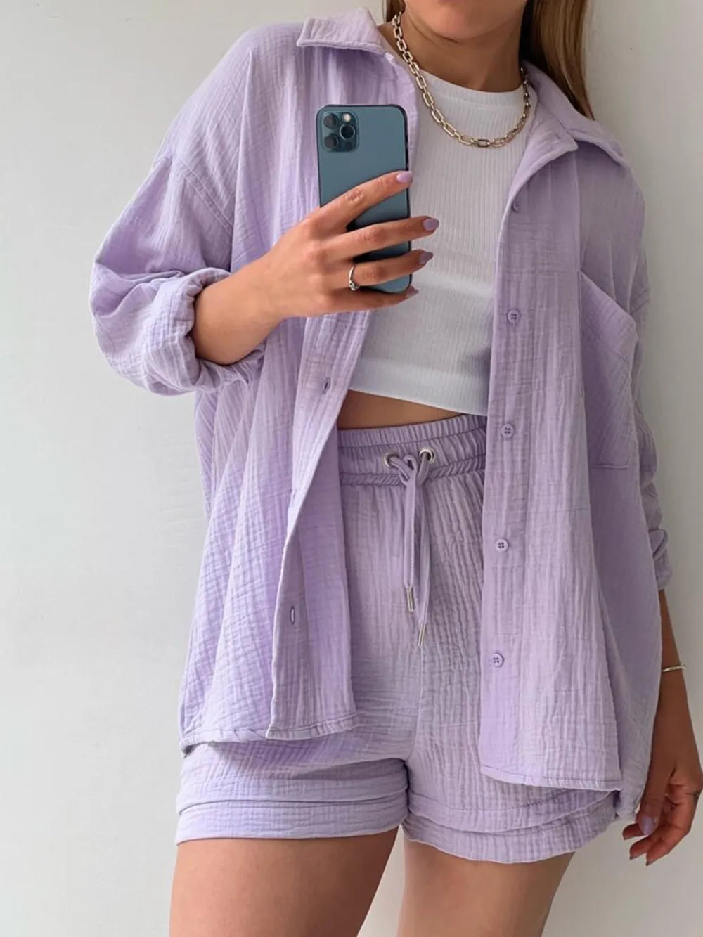 Texture Button Up Shirt Drawstring Shorts Set (27)