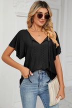 Eyelet Tie Neck Flutter Sleeve Blouse (12)