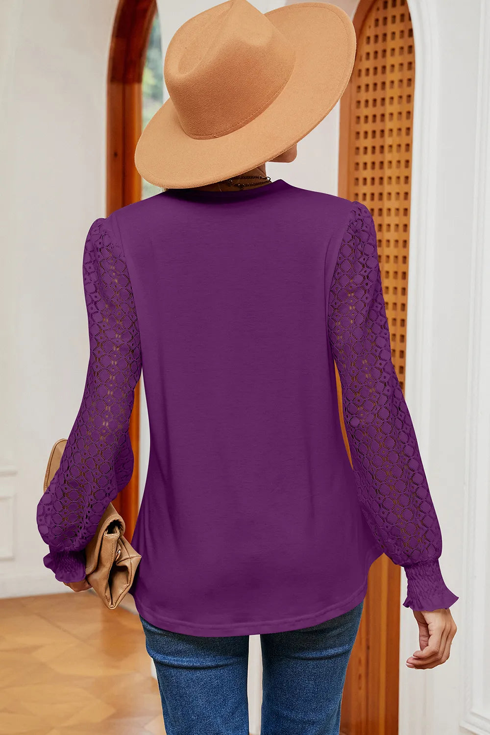 Openwork V-neck Long Sleeve T-shirt (18)