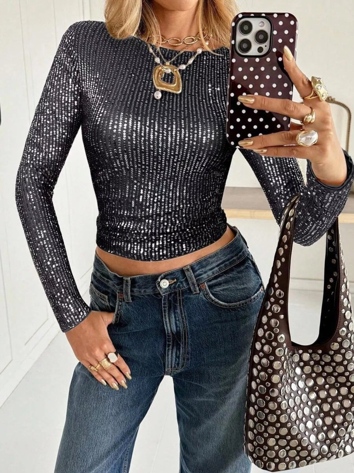 Sequin Long Sleeve Crop T-shirt