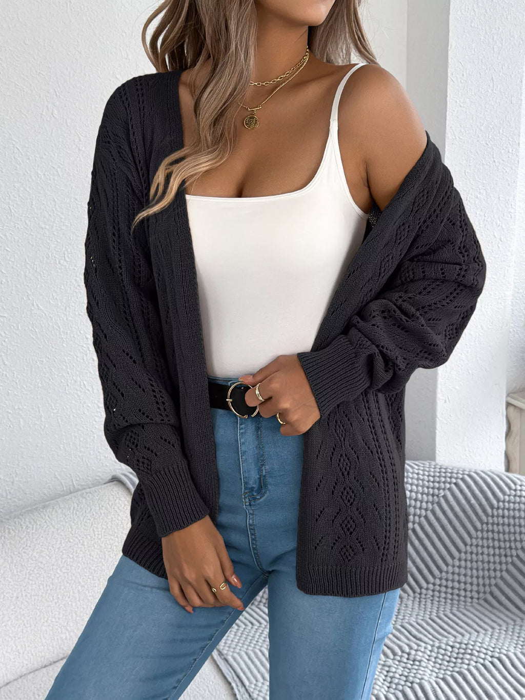 Openwork Open Front Cardigan (6)